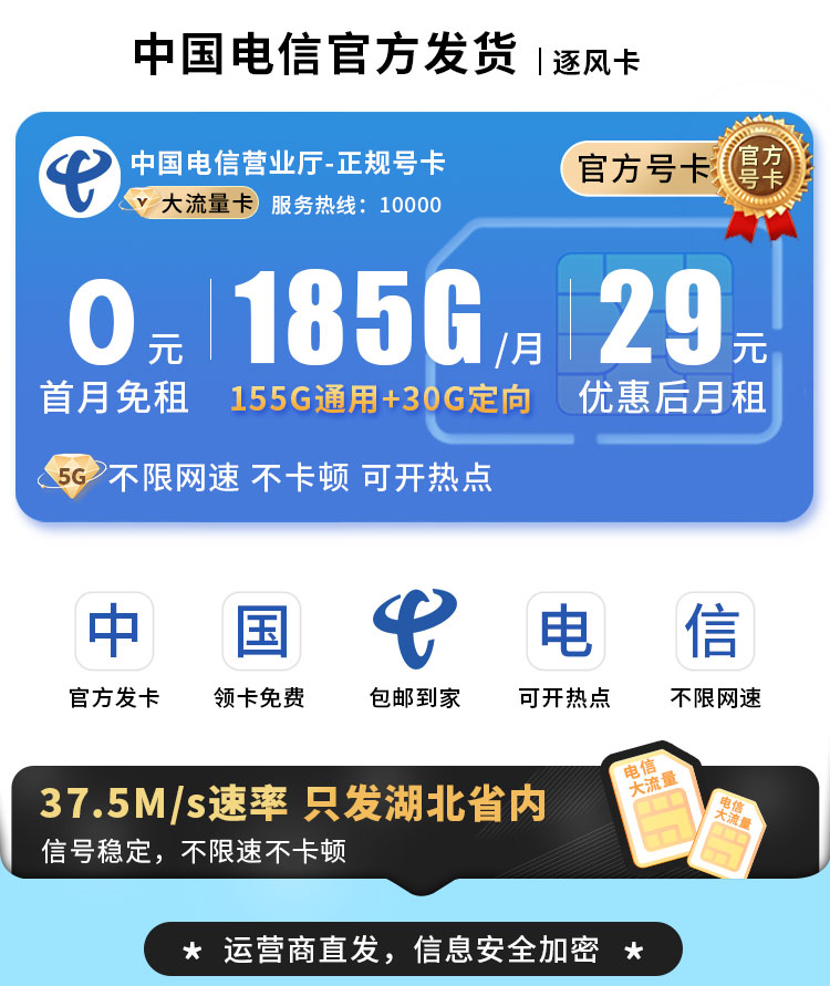 电信逐风卡29元185G流量+长期套餐
