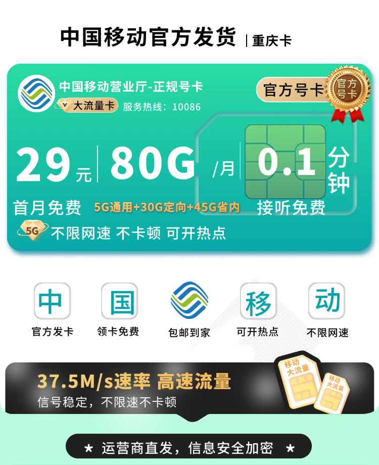 移动重庆卡29元80G流量