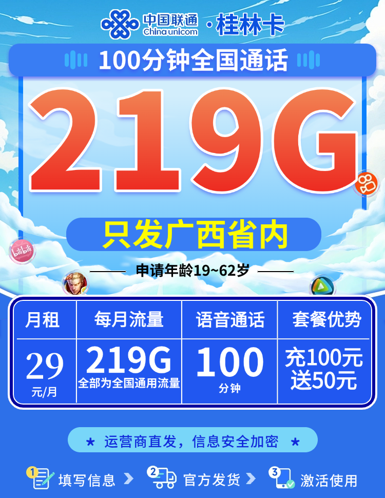 联通桂林卡29元219G流量+100分钟