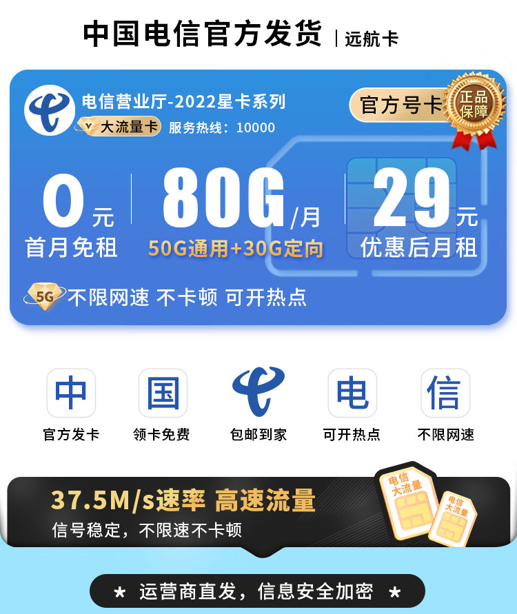 电信远航卡29元80G流量+可选号
