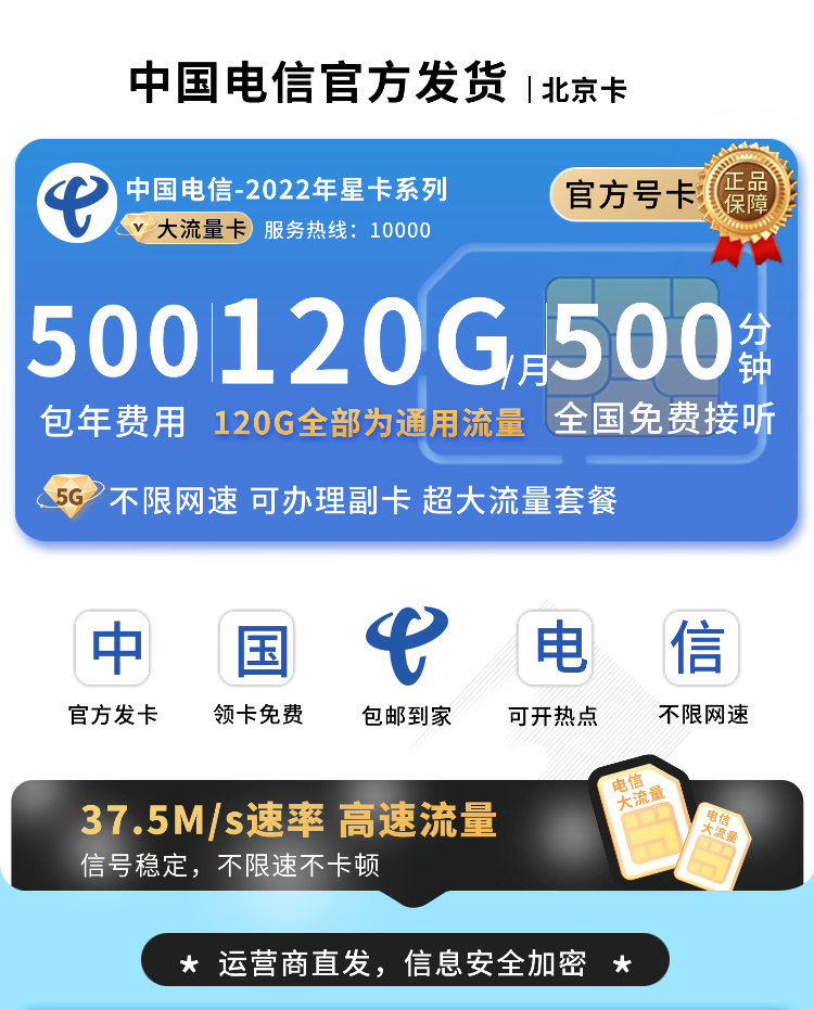 电信北京卡500元包年120G通用流量+500分钟