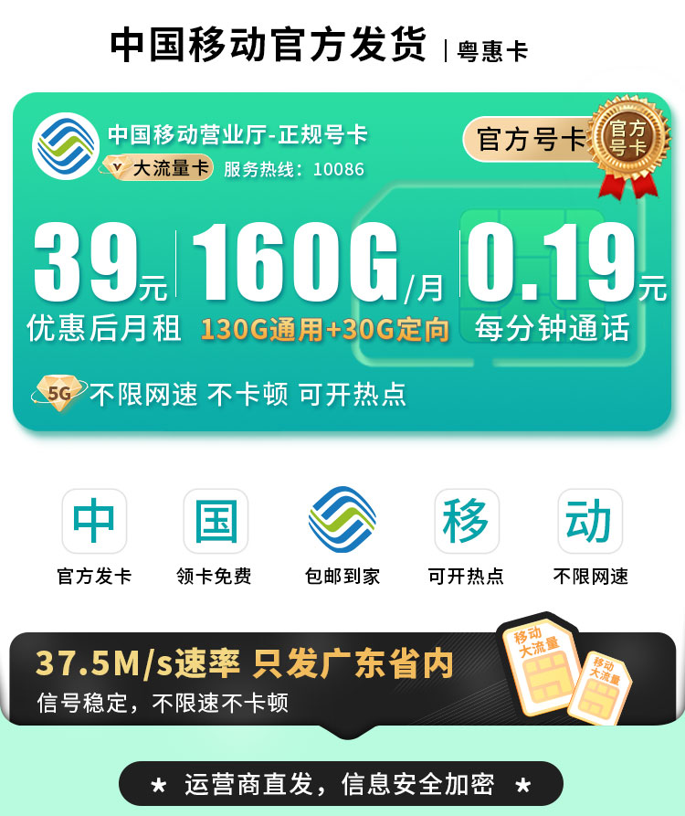 移动粤惠卡39元160G流量+广东专属